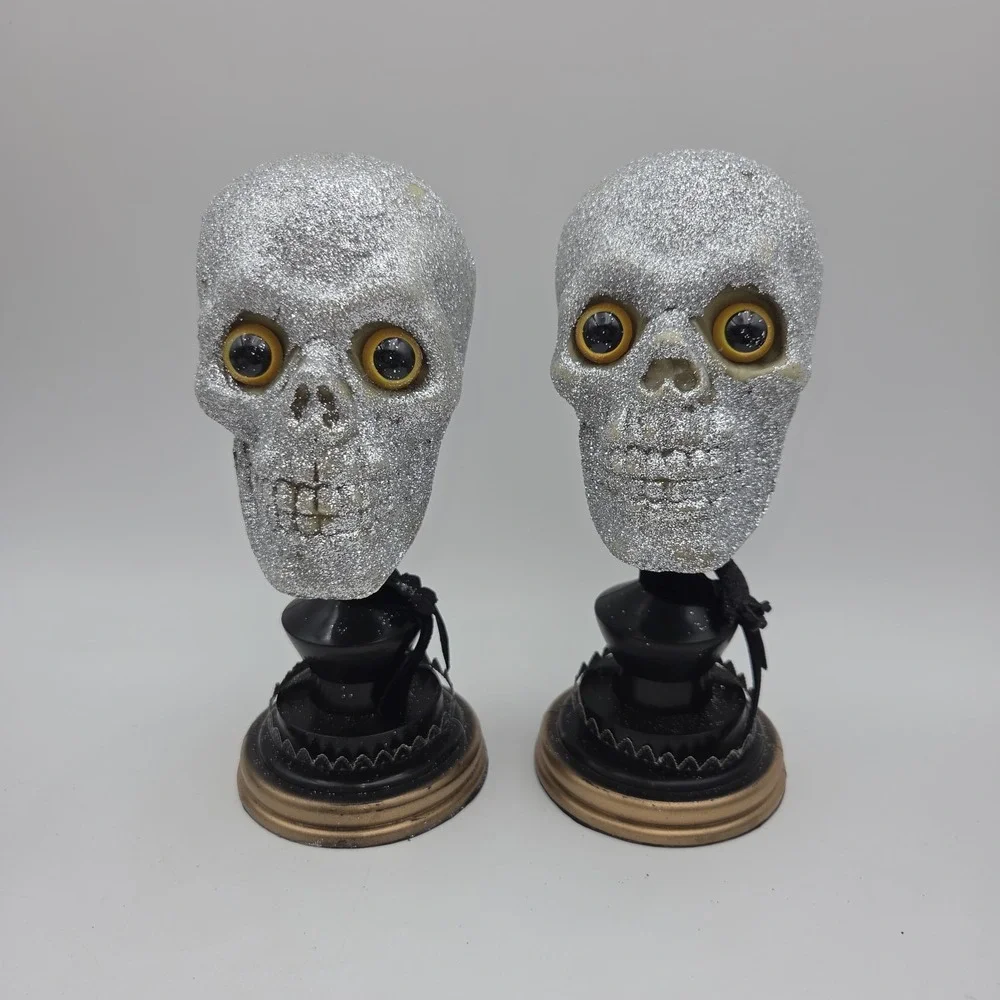 Vintage Lots of 2 Glitter Skull Head Blow Mold w/ stand Prop Halloween Decor